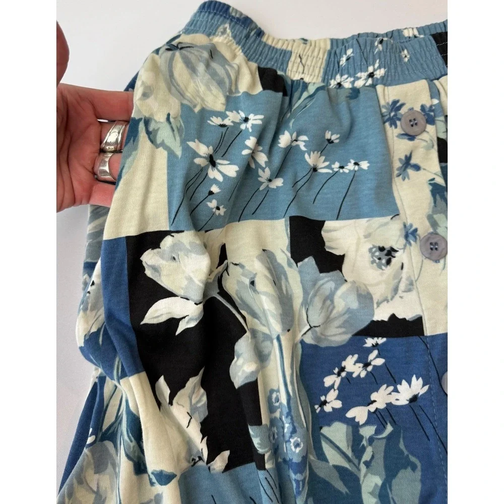 Vintage Patchwork Button Down Skirt Womens L Blue‎ Floral Modest Stretch USA